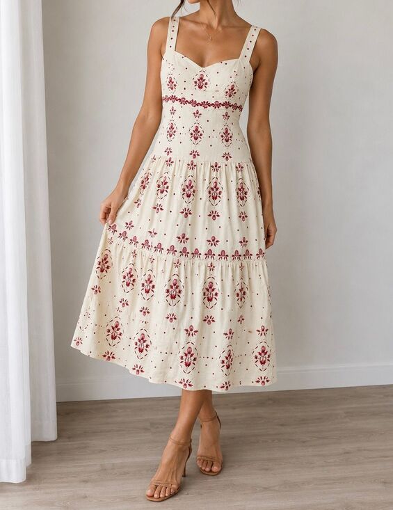 Christian Lacroix Dresses & Skirts - Christian Lacroix Embroidered Floral Midi Dress Cream Red Cotton Size M
